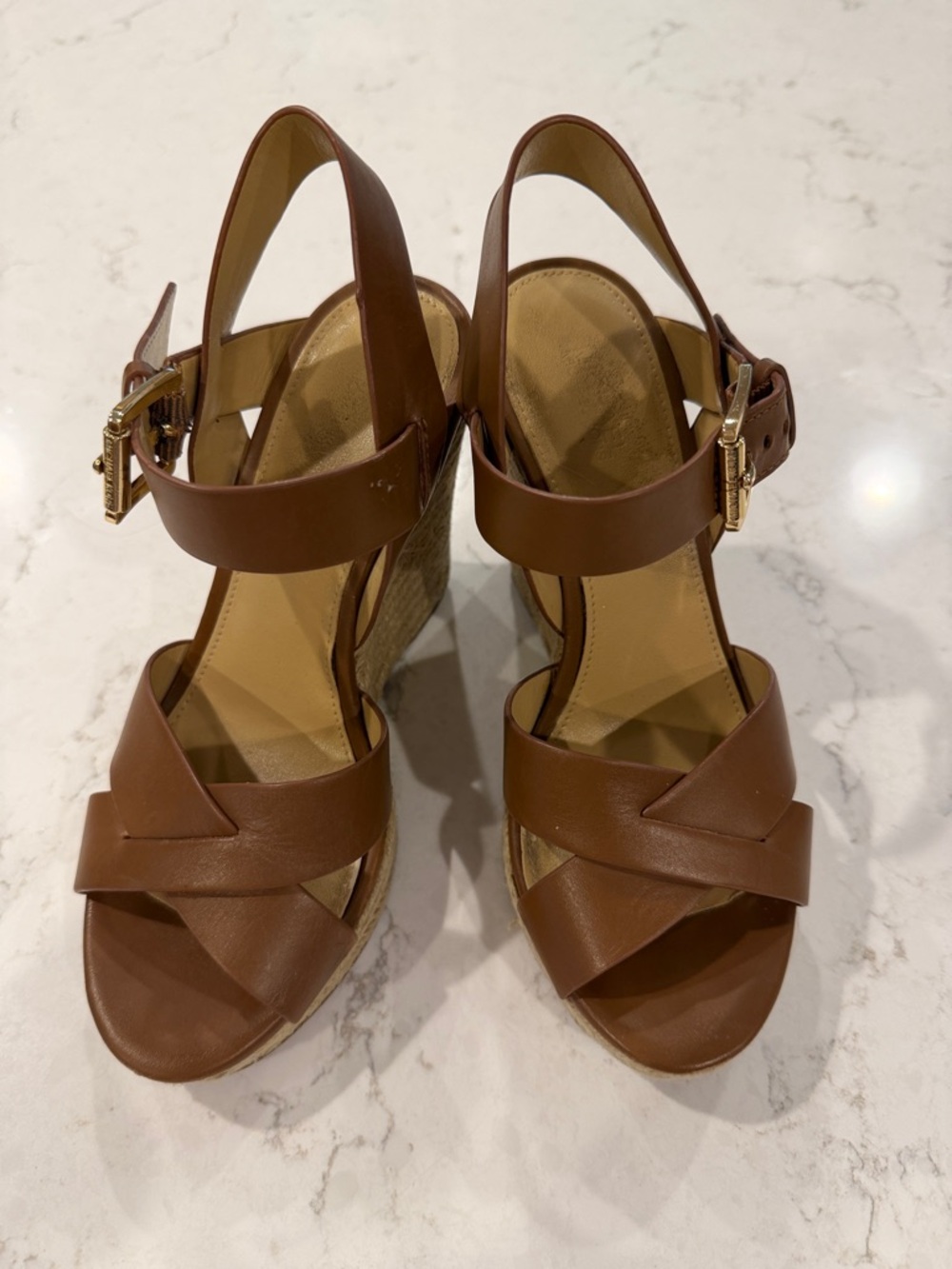 MICHAEL Michael Kors Women's Luggage Brown Leather Espadrille Wedge Sandals